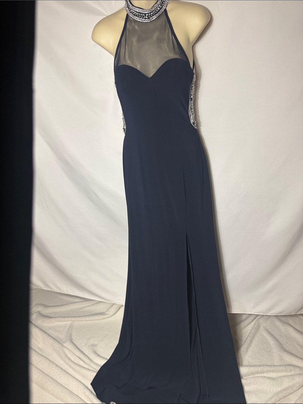 Black Beaded Halter Evening Gown